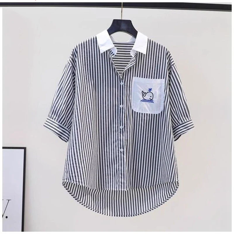 Casual Comfort Simply Short Sleeved Blue Striped Embroidery Shirt for Women\'s Summer Loose Slimming Trendy Contrasting Color Top