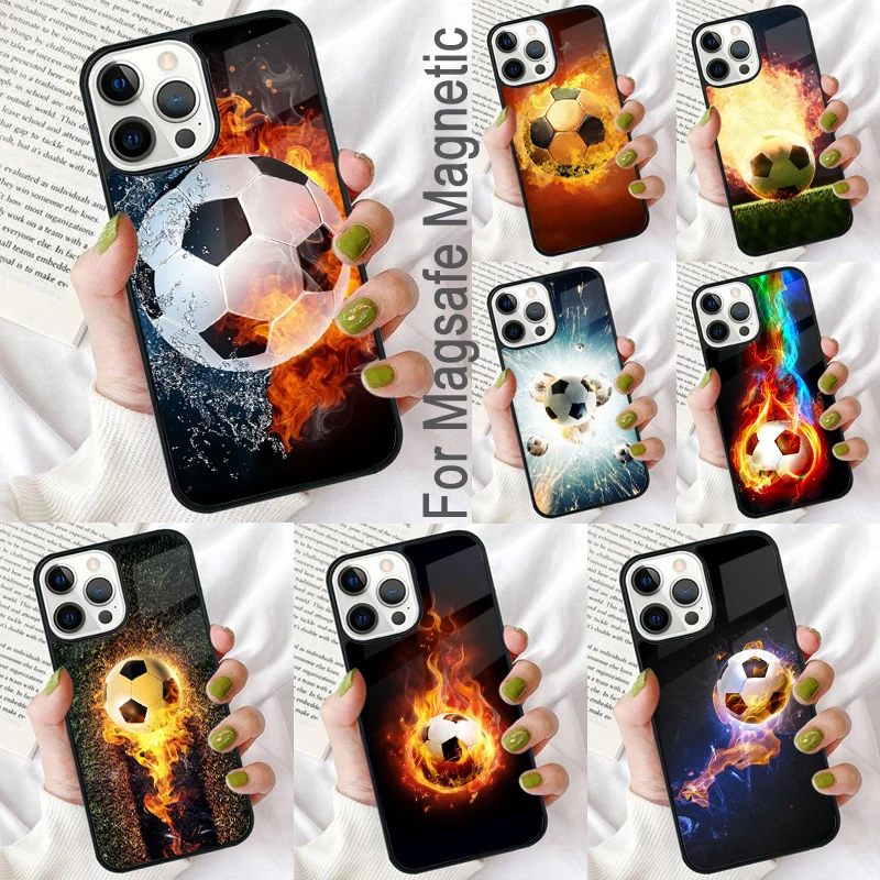 Fire Football Ball Soccer Magnetic Soft Phone Case for iPhone 16 Promax 15 Pro 13 14 Plus 11 12 Mini MagSafe Coque