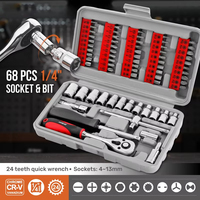 68PCS 1/4-inch Socket Wrench Set Hand Tool Sets Car Repair Tool Kit Mechanical Tools Box Socket Ratchet Screwdriver Bits