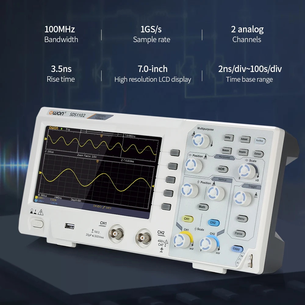 Owon SDS1102 1GS/s 8 Bits 7in Screen Osciloscopio Digital Oscilloscope 2CH 100MHZ Bandwidth High Accuracy Digital Oscilloscopes