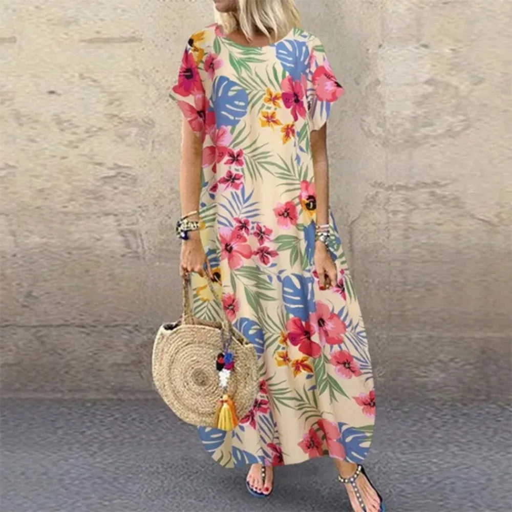 Damska L-5XL Plus Size Lato Oversized Floral Print Krótki rękaw Luźna długa sukienka Casual Retro Okrągły dekolt Luźne wakacje