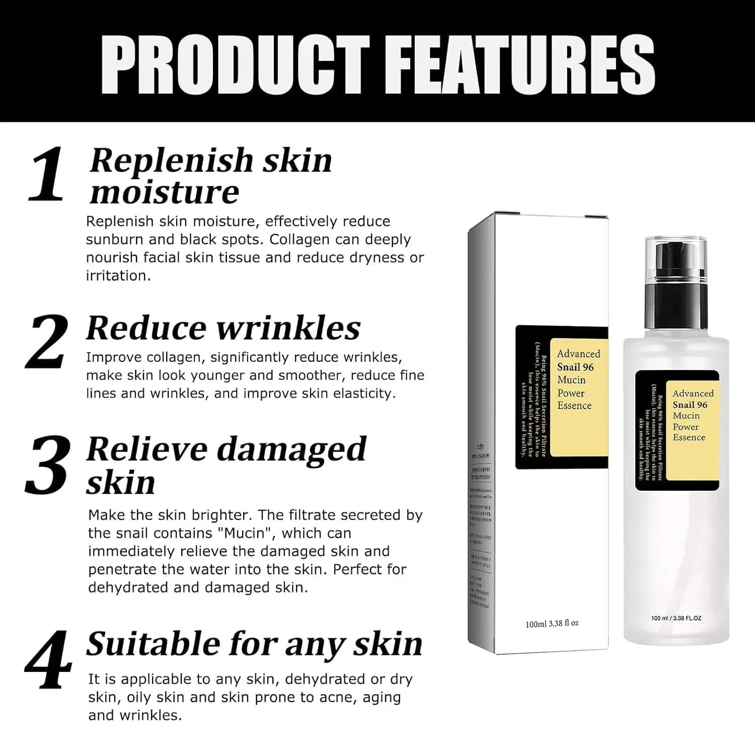 

Snail Mucin 96% Korean Skin Care Facial Essence Fading Fine Lines Repair Essence Firming Facial Snail Brightening Anti-Aging