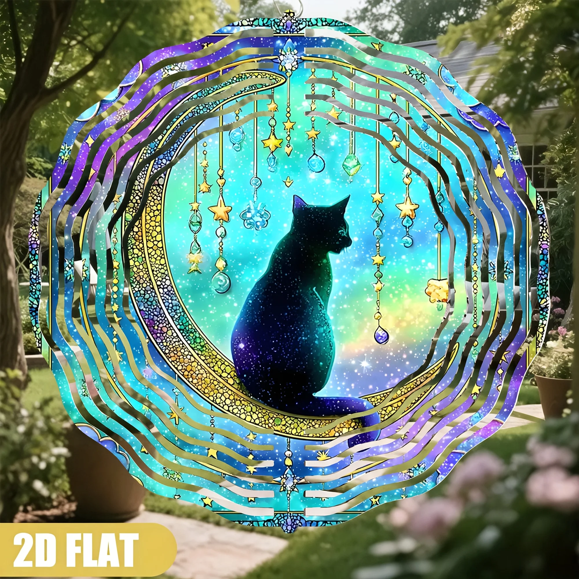Wind Chime Featuring a Black Cat on a Crescent Moon, with Stars and Crystals, in a Pop Art-style Mystical