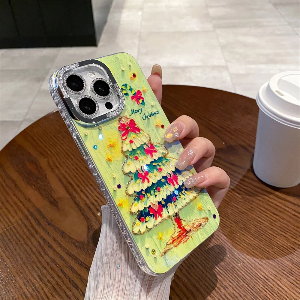 USLION Cartoon Color Diamond-Encrusted Christmas Tree Phone Case For iPhone 16 15 14 13 12 Pro Max 11 Soft TPU Protection Cover