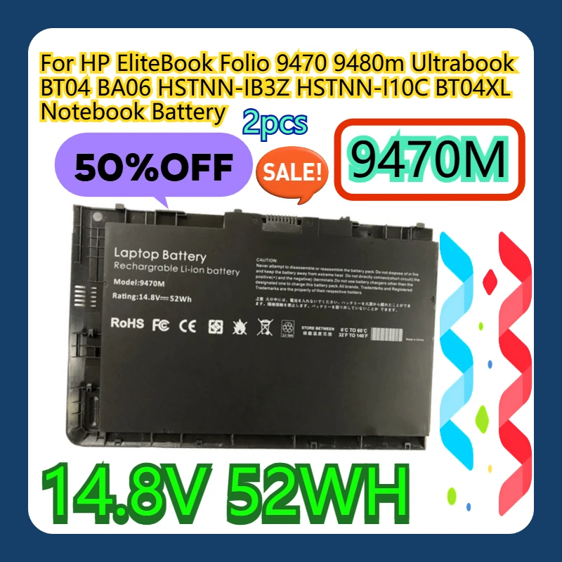 

For HP EliteBook Folio 9470 9470M 9480m Ultrabook BT04 BA06 HSTNN-IB3Z HSTNN-I10C BT04XL 14.8V 52WH Notebook Battery 2pcs