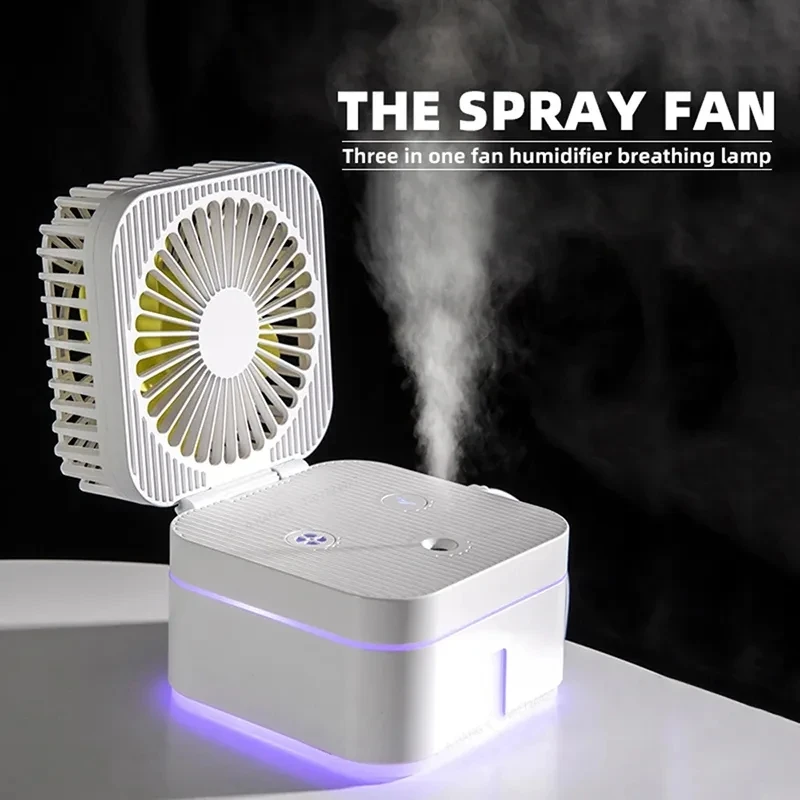 

New Portable Spray Humidification Fan Mini Desktop Fan USB 2000mAh Recharge Aromatherapy Night Light Adjustable Desk Fan