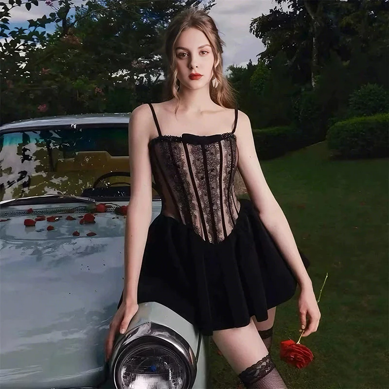 

Luxury Lace Splice Mini Strap Dresses Spring Women Sleeveless Sexy Backless Dress Autumn High Waist Zipper Chest Wrapping Dress