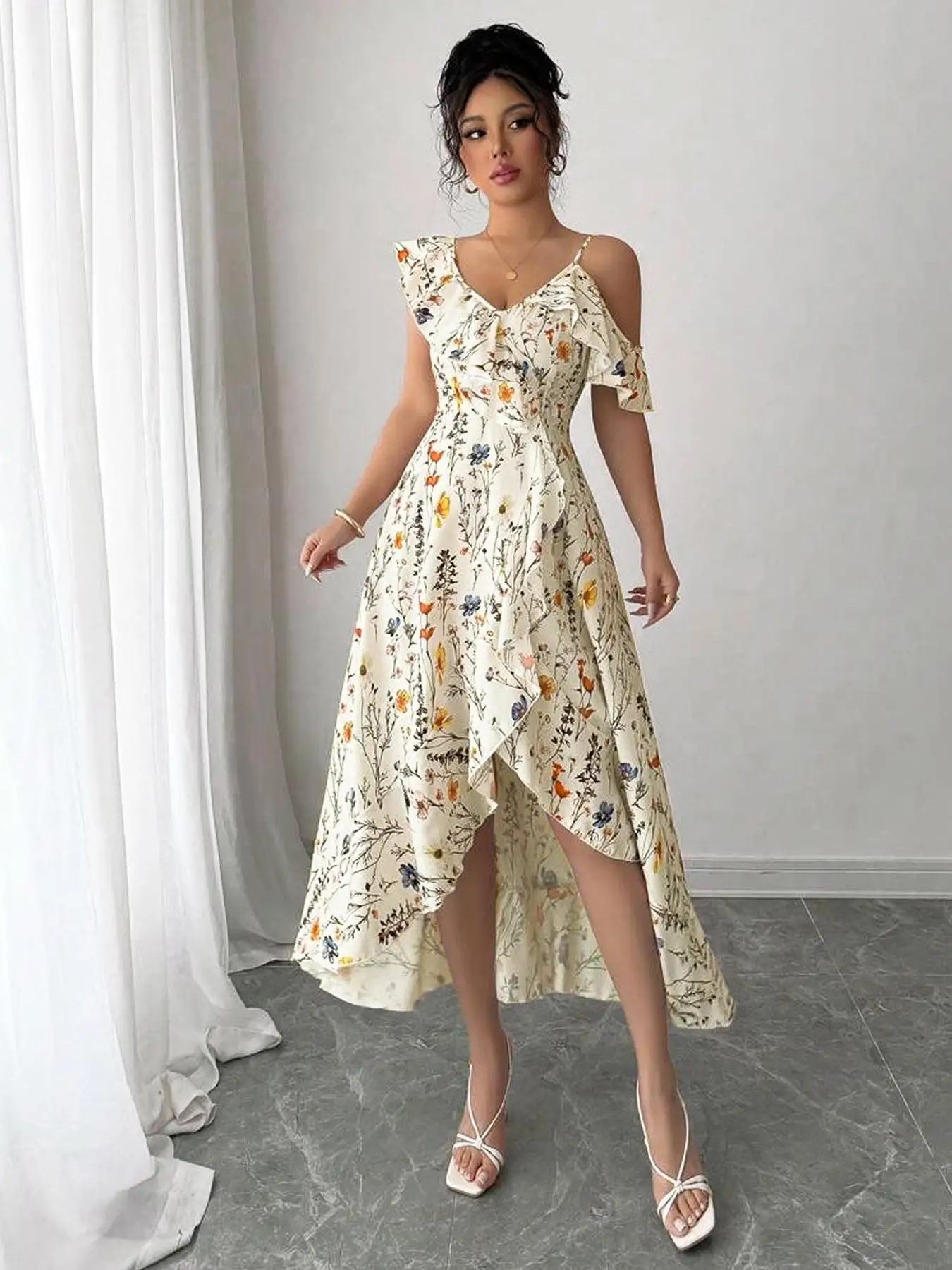 Women's Floral Print Dress, Irregular Design, Casual Fitted Style, Perfect for Vacation and Dates, Ladies Fashion Clothing view 4