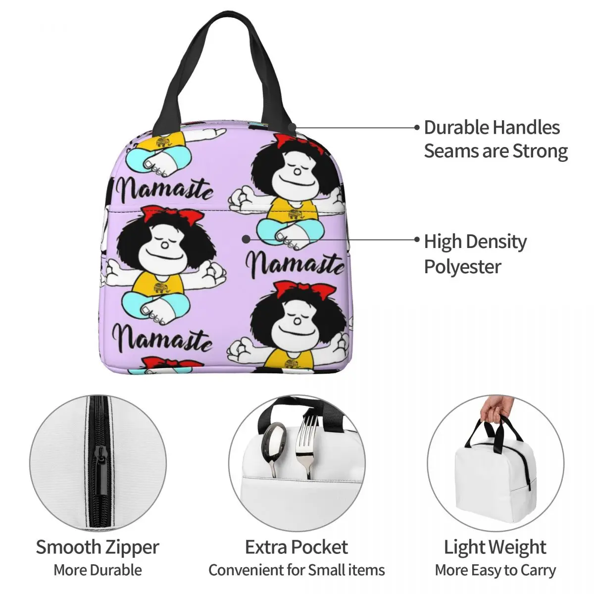 Mafalda Namaste Geïsoleerde Lunchzakken Thermische Zak Maaltijdcontainer Kawaii Cartoon Grote Draagtas Lunchbox Mannen Vrouwen College Reizen