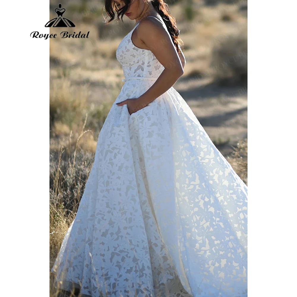 Roycebridal 2025 New Puls Size V Neck Full Lace A Line Wedding Dress with Belt Spaghetti Strap Court Train Customized שמלות ערב