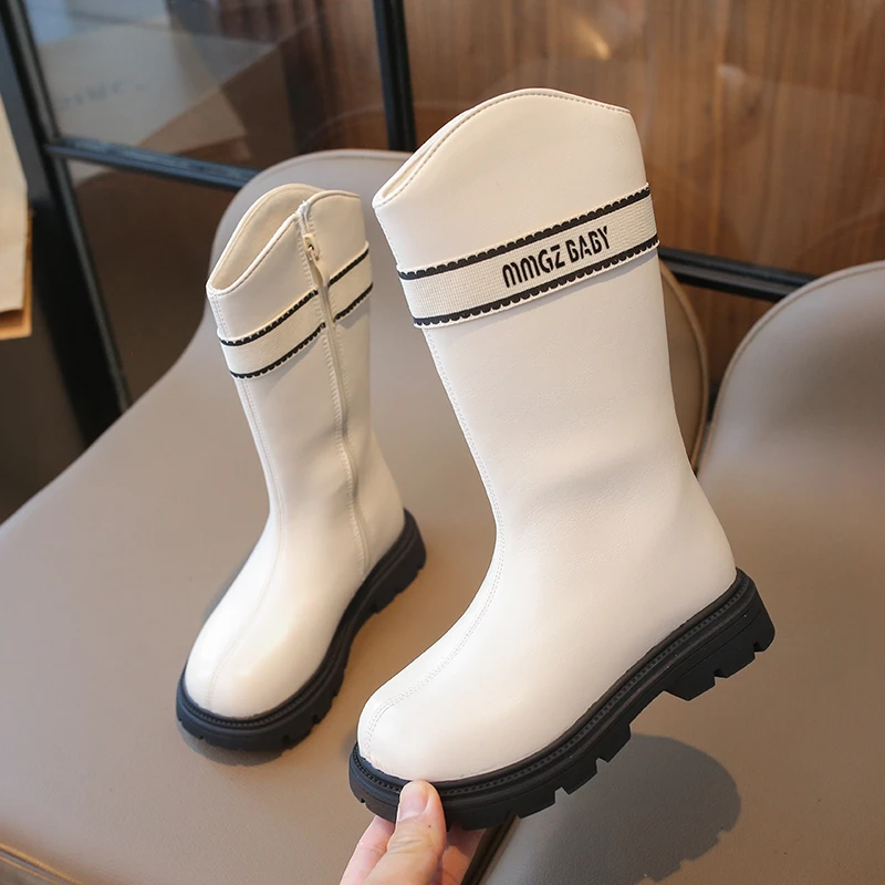 가을/겨울 지퍼 패션 쿨 부츠 아기 여자 따뜻한 사각 굽 둥근 앞코 캐주얼 약간 벨벳 편안한 키즈 블랙 미드 부츠