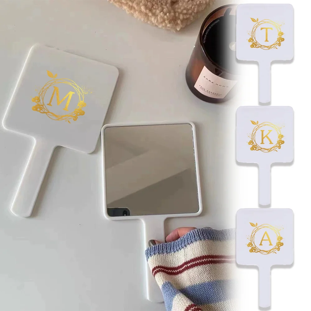 

1pc Square Portable Handheld Vanity Mirror With Wreath Stylish Functional For Cosmetic Touch-Ups Initial Name 26 Letters Pattern