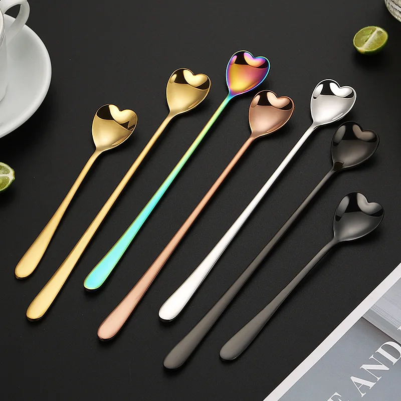5PCS ice spoon 304 stainless steel heart stirring spoon Korean style long handled milk tea honey coffee dessert spoon