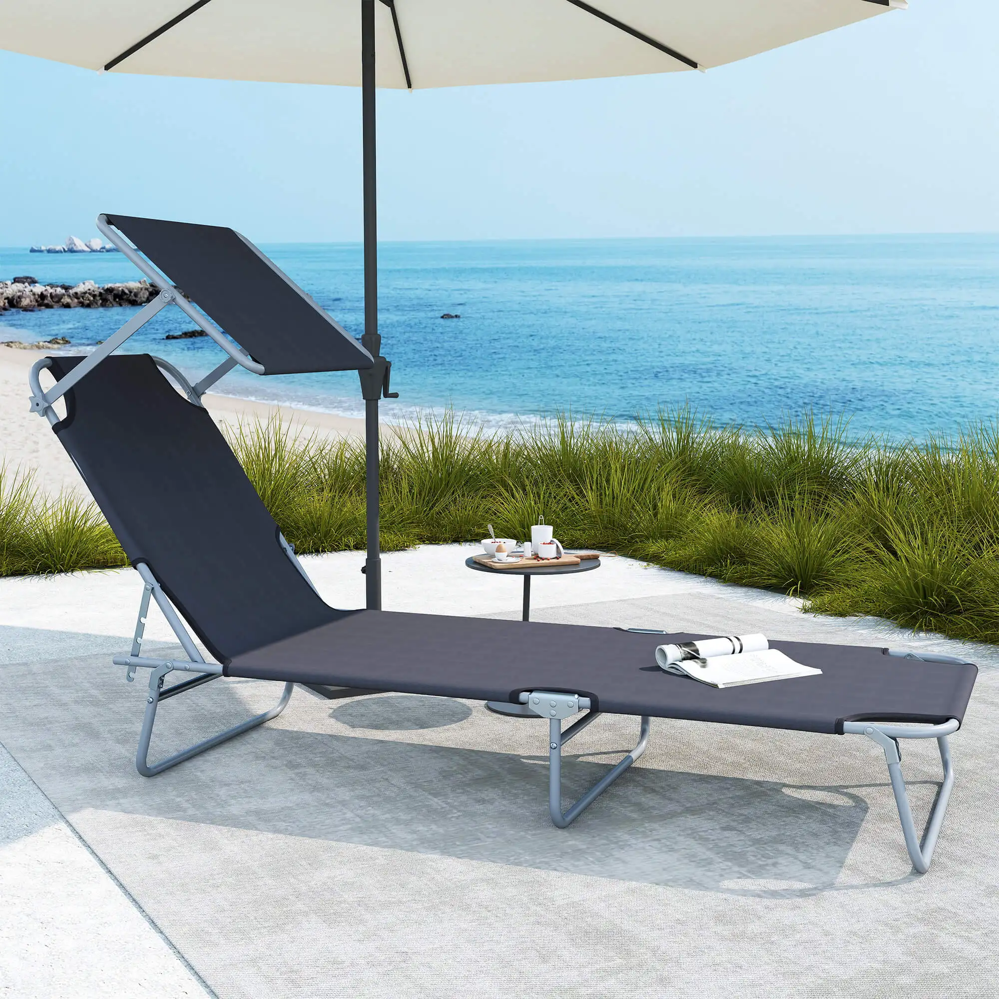 

Folding Outdoor Pool Chaise Lounge Chair with Sun Shade Adjustable Backrest 4 Positions Oxford Cloth for Patio Garden Gray