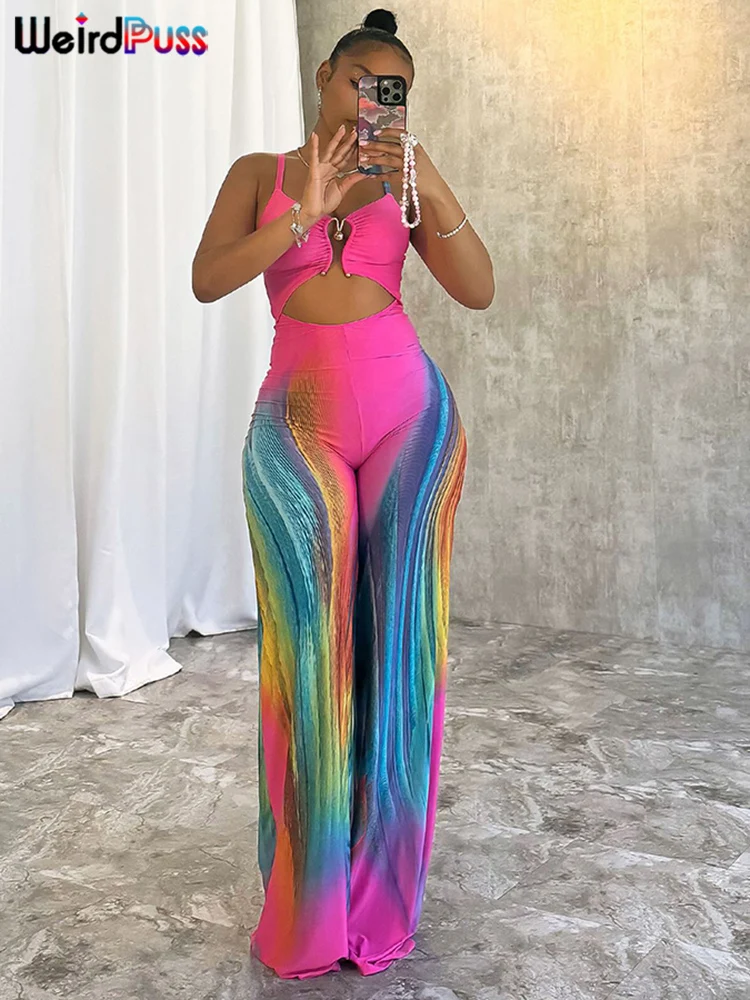 Weird Puss Colorful Print Jumpsuits Women See Through Summer Hollow Cirque Button Sleeveless Fitness Midnight Clubwear Overalls