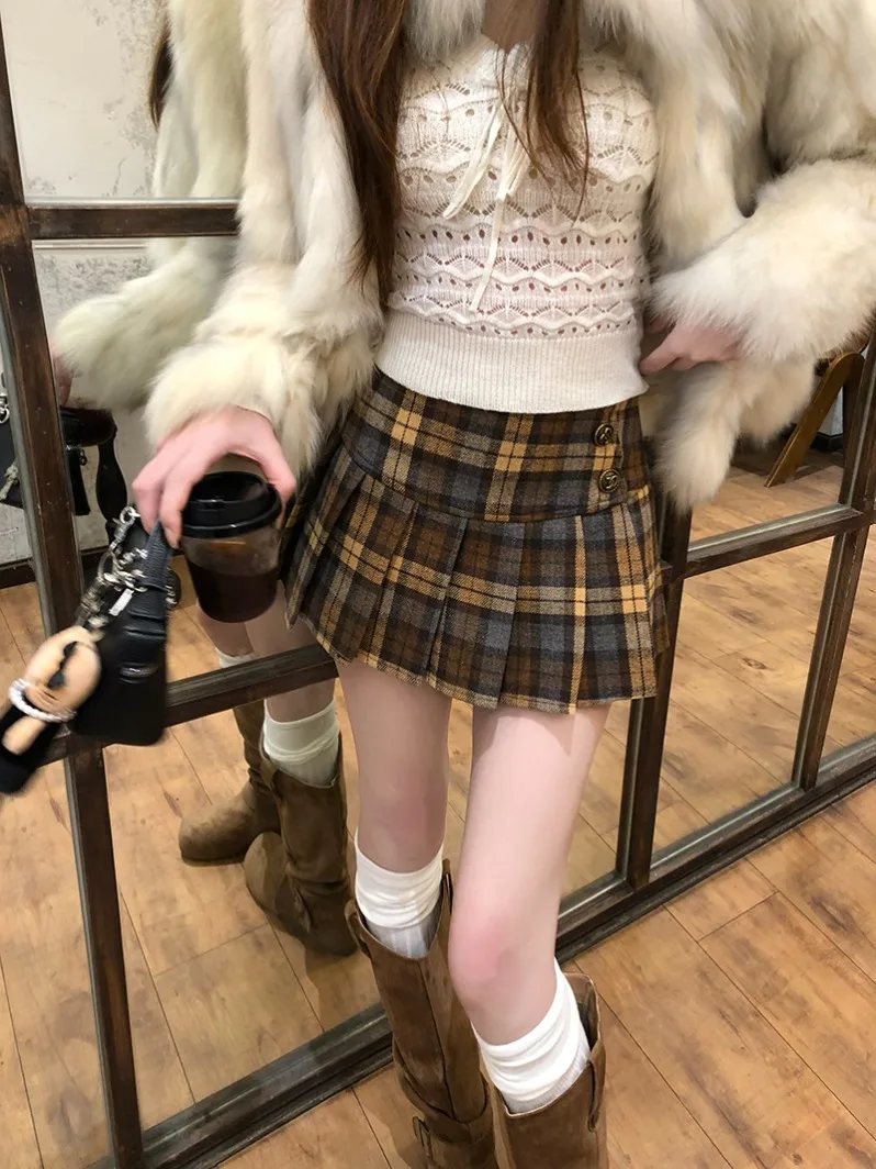 

Retro Color Block Plaid Woolen Skirt Women's Autumn Winter College Style Pleated Slim High Waist A-Line Short Skirt