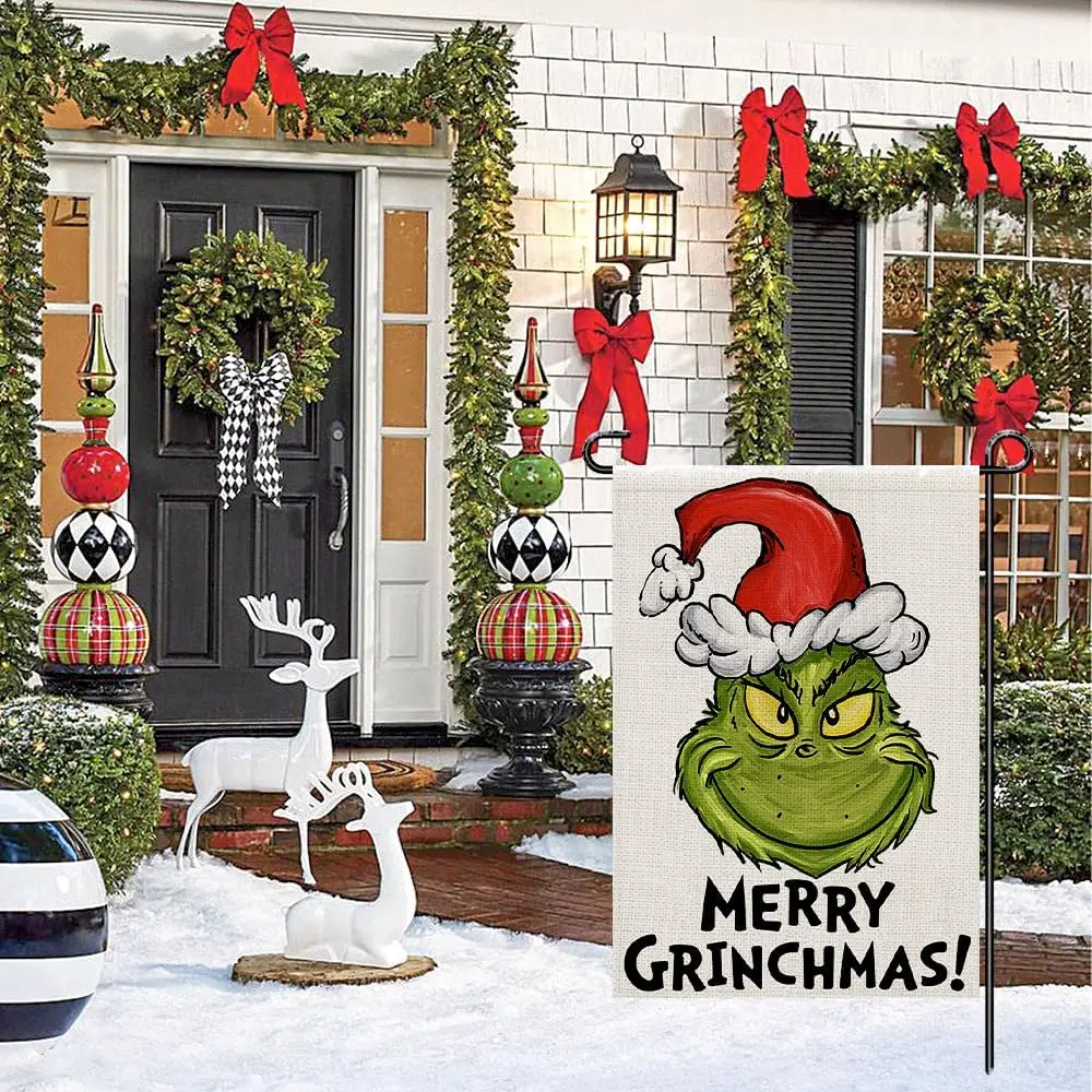 Merry Grinchmas Garden Flag Burlap 12x18 Double Sided, Winter Christmas Decorations Outdoor Seasonal Yard Xmas Sign DF367