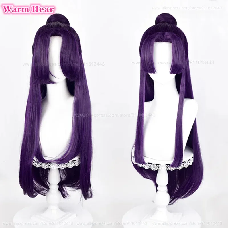 

Jinshi Synthetic Hair Anime Long 85cm Dark Purple With Bun Cosplay Anime Wig Heat Resistant Hair Halloween Party Wigs + Wig Cap