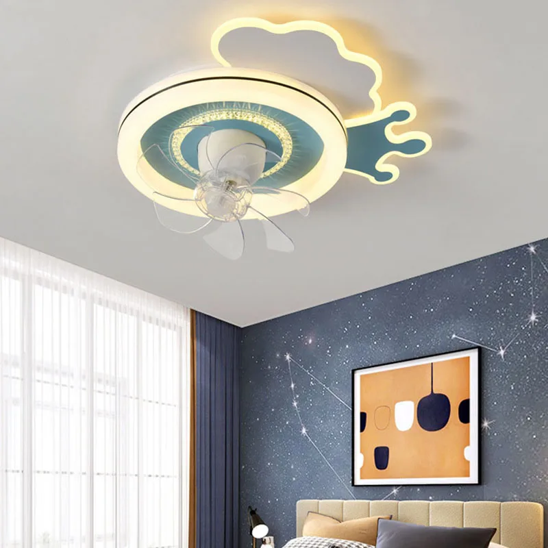 Ceiling Fan Light For Children Boys Girls Bedroom Airplane Crown Blue Pink Gold LED Ceiling Lamp 360°Shaking Head Fan Ventilator