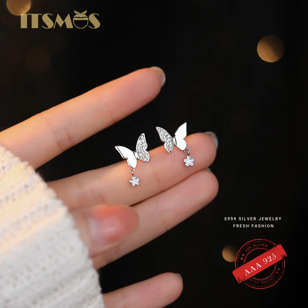 ITSMOS S999 Sterling Silver Zircon Asymmetric Butterfly Earrings Luxury French Premium Small Flower Dropping Earrings for women