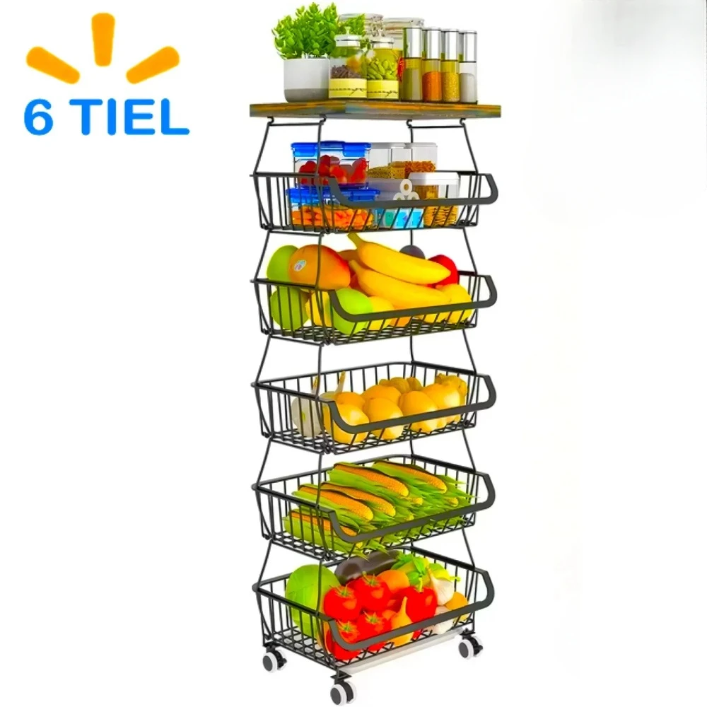 6-Tier Fruit Basket Rack, Stackable Wire Basket Cart with Solid Wood Top, Kitchen Vegetable Storage&Organization