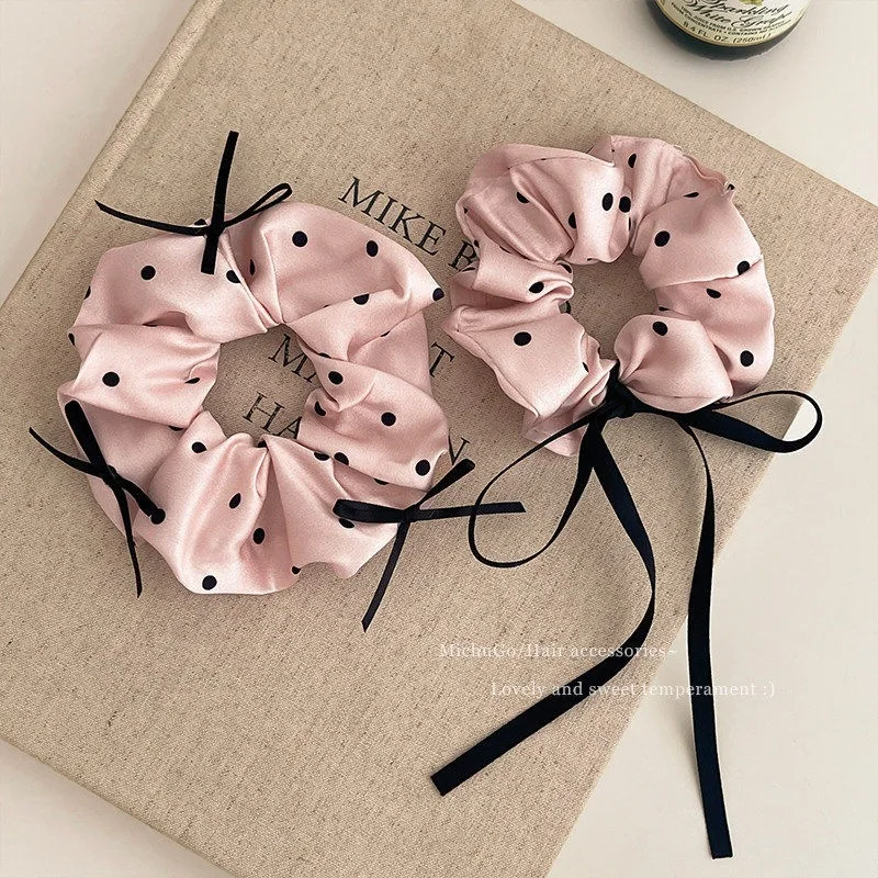 Scrunchie en satin à pois avec nœud et ruban, style ballet féerique, élastique pour cheveux, accessoire pour cheveux femme