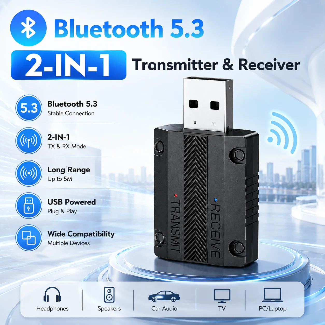BT 5.3 Receiver Transmitter 2 in 1 Mode Adapter USB Car Receiver Plug And Play 3.5mm Aux For Car Stereo Speaker