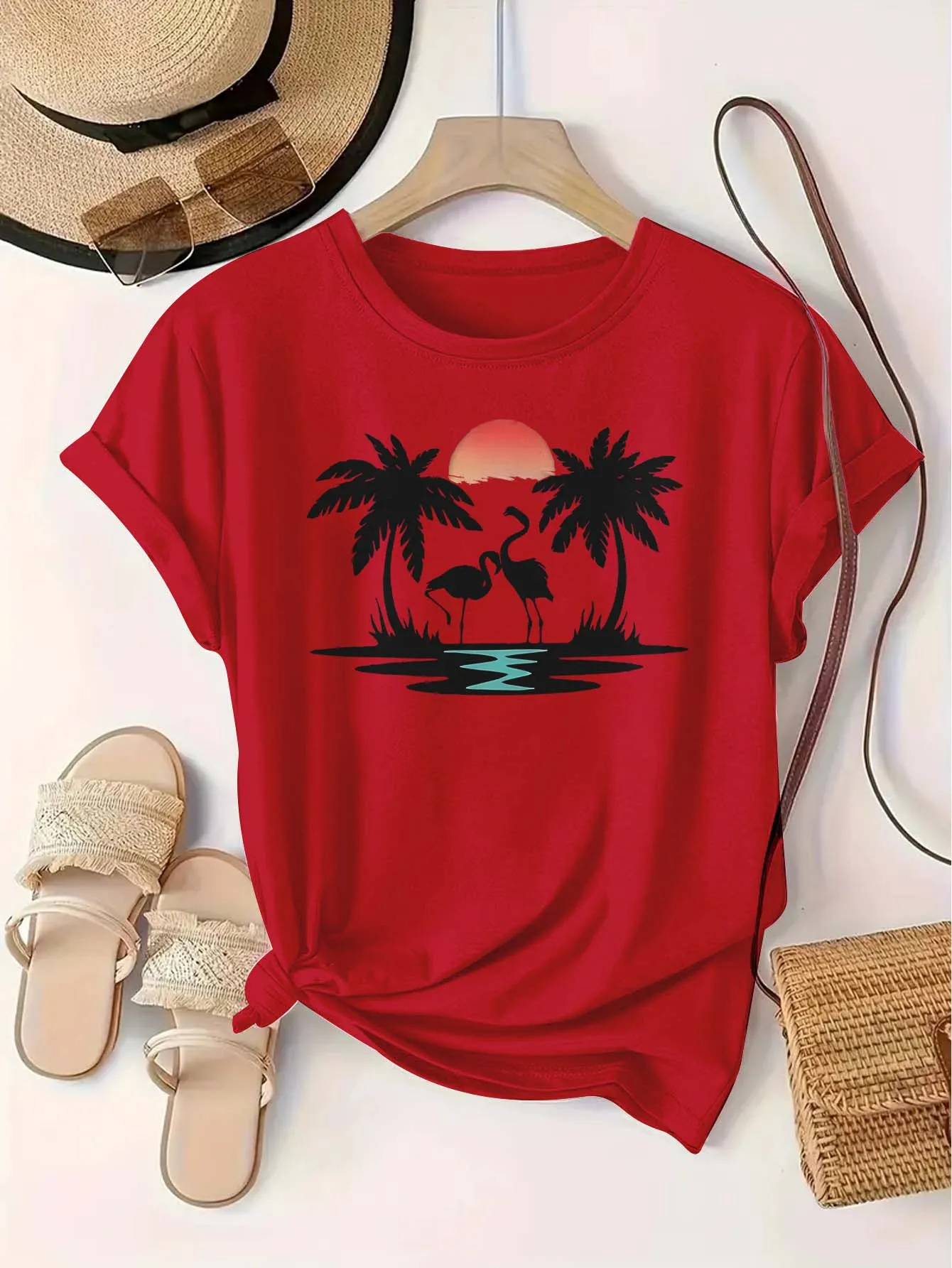 Plus Size Tropical Sunset Palm Tree Flamingo Camiseta Estampada Top Estilo de Férias Requintado