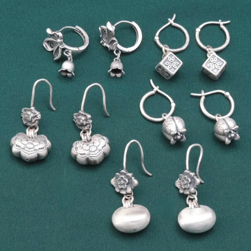 Langyan 925 Sterling Silver Flower Bud Butterfly Ruyi Lock Earrings Retro Ethnic Matte Bud Small Square Earrings for Women EH259