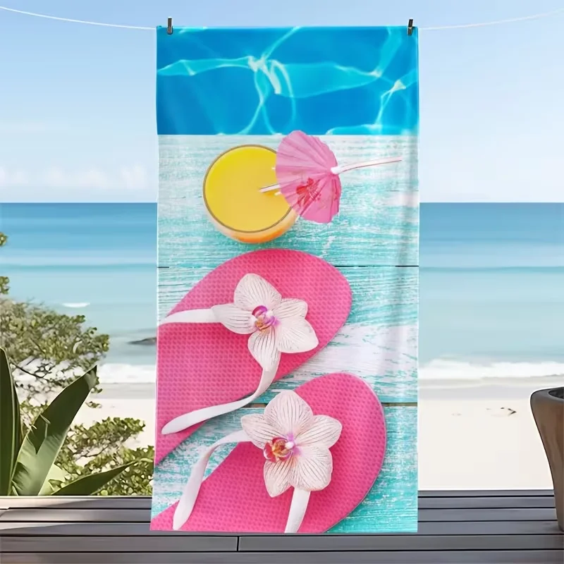 Tropical Flip Flops Juice Beach Towel Pink Slipper Orchid Cocktail Pool Water Print Soft Absorbent Quick Dry Towel for Beach