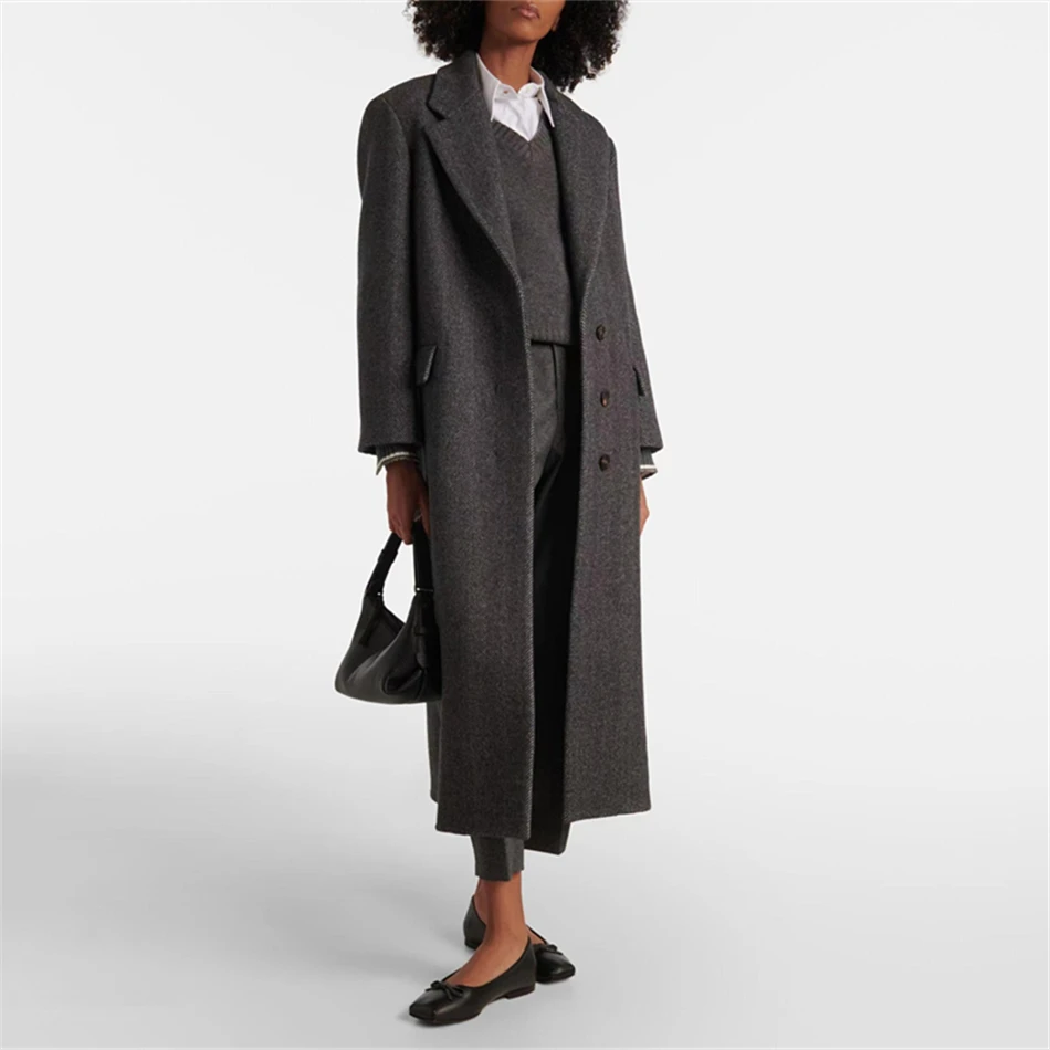 

High Quality Long Outerwears In Wool And Cotton Darkgrey Jackets With Waistband Luxury Deisgn Winter Coats Woman 2024