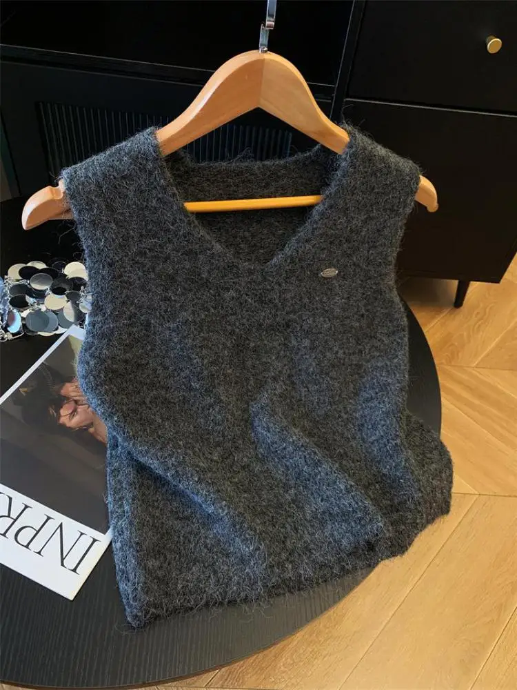 

Korean Fashion Women's Solid Festival Short Pullover Vest Sweater Autumn Winter Sleeveless V-neck Knit Tank Tops Clothes Casual
