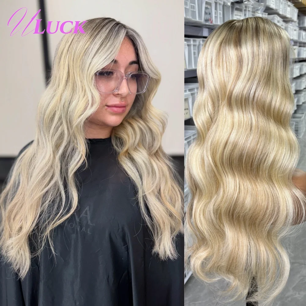 

Uluck Ombre Colored 13x6 Lace Frontal Wigs Body Wave Brazilian Human Hair Wigs Ash Blonde With Brown Roots Pre Plucked For Women