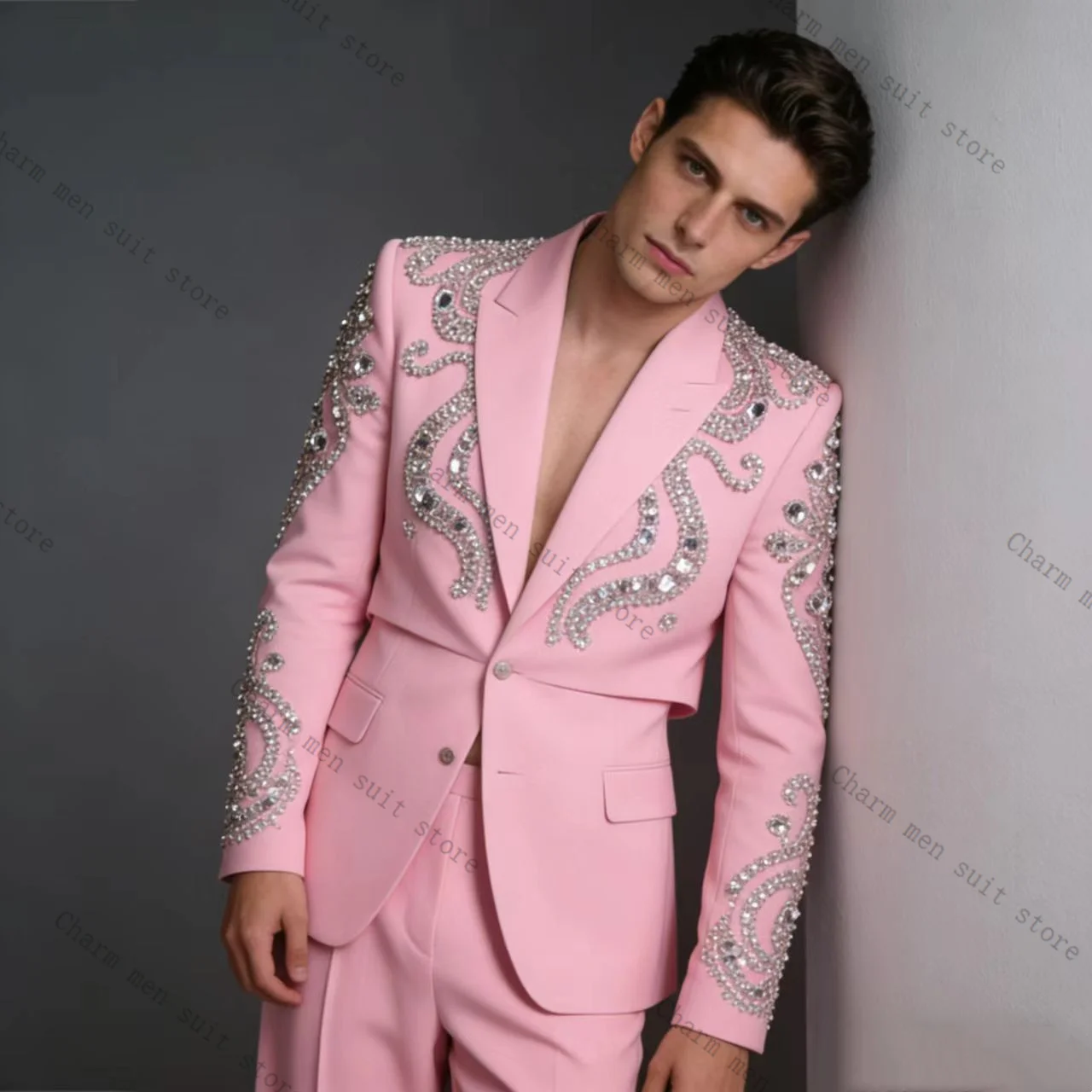 

Pink Men Suits Set 2 Pcs Crystals Blazer+Pants Trousers Luxury Spring Wedding Tuxedo Formal Office Business Groom Jacket Coat