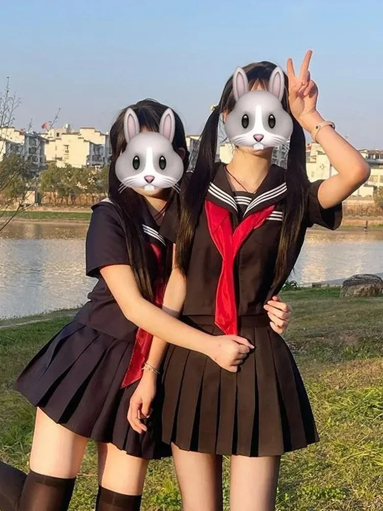 

Authentic Japanese School Uniform Three Piece Sailor Suit Set Women's Plaid Skirt And Top Ensemble Breathable Summer Outfit