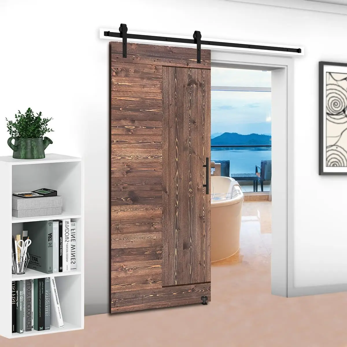 

Коричневая дверь сарая с комплектом фурнитуры для раздвижных дверей. Дверь сарая в современном стиле. Раздвижная дверь из массива дерева, нужно собрать.