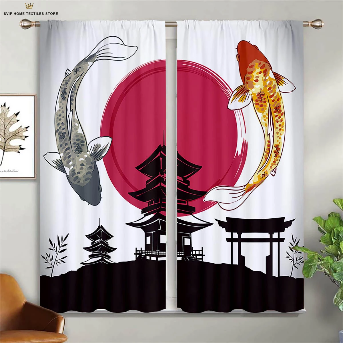 

Ancient Style Ink Painting Peach Blossom Japanese Style Printed Curtain Rod Pocket Bedroom Living Room Kitchen Curtain 2 Pieces