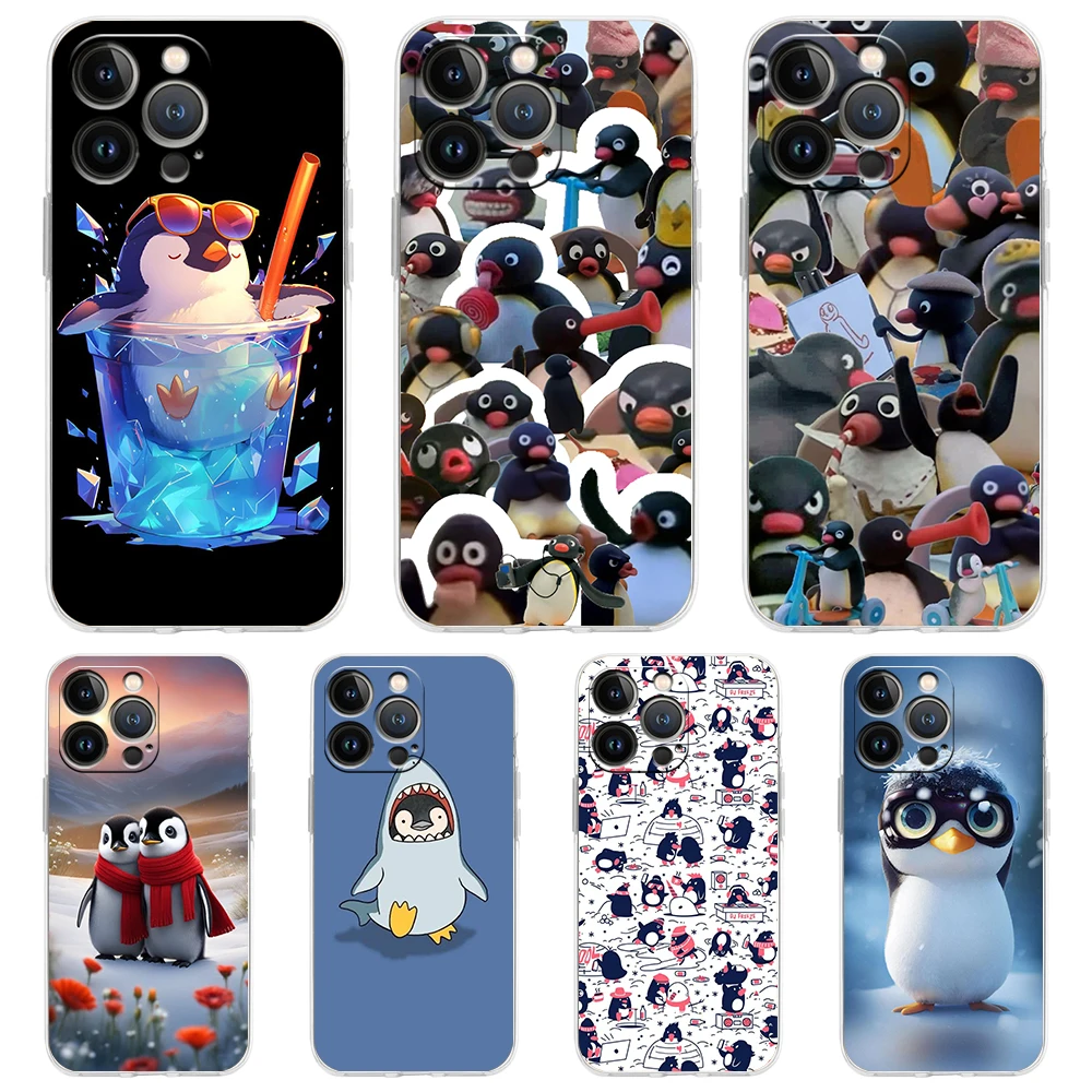 Soft TPU Transparent Phone Case Cover for iPhone 16 15 14 13 12 11 Pro Max 16E 8 7 Plus XS Max Shell Cartoon Pingu Penguin Capas