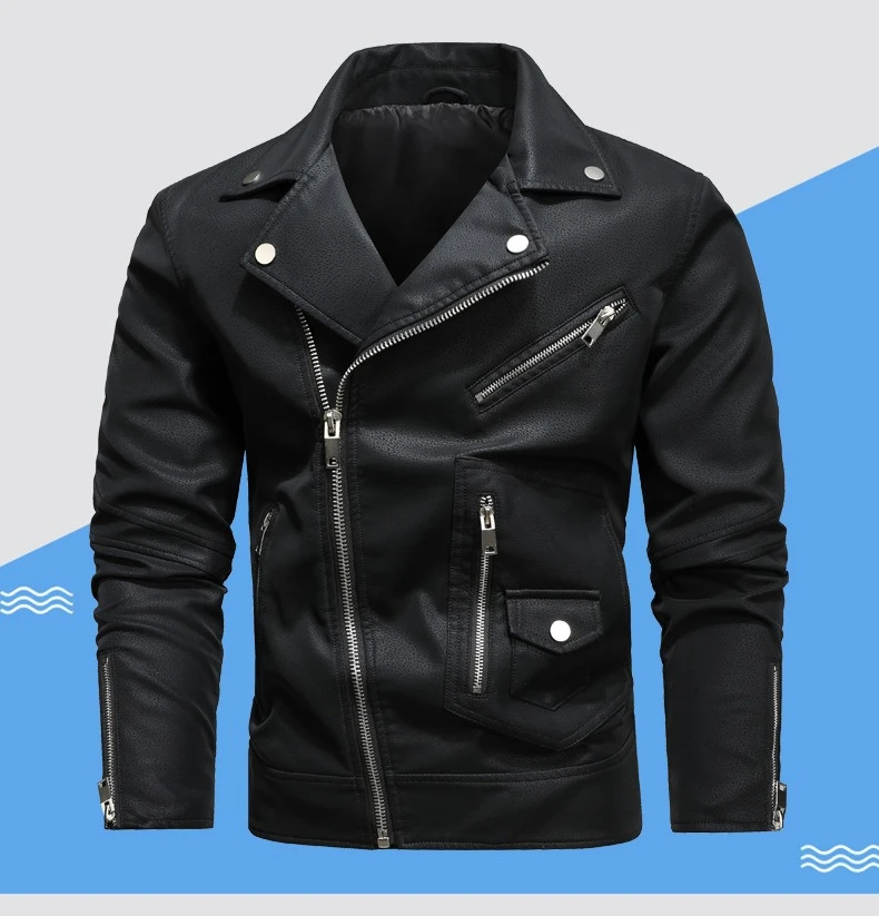 

Zipper Cardigan Faux Leather Men Leather Jackets Long Sleeve Turn Down Collar Outerwear Cardigan Zipper Pockets High Street