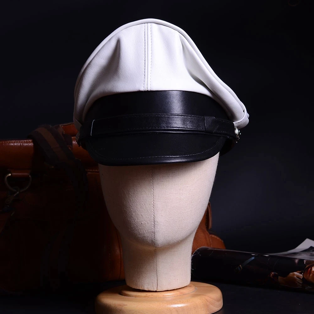 Retro German Hat For Men White Classic Real Leather Motorcycle Heavy Machine Knight Caps Male Punk Locomotive Officer General