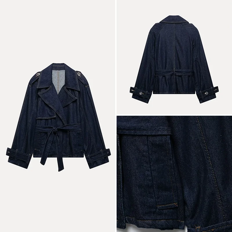 

Spring 2025 Women's Faionable ort Denim Jaet with Blue Belt Wide Design Street Sle Regular Length Polyester Fiber