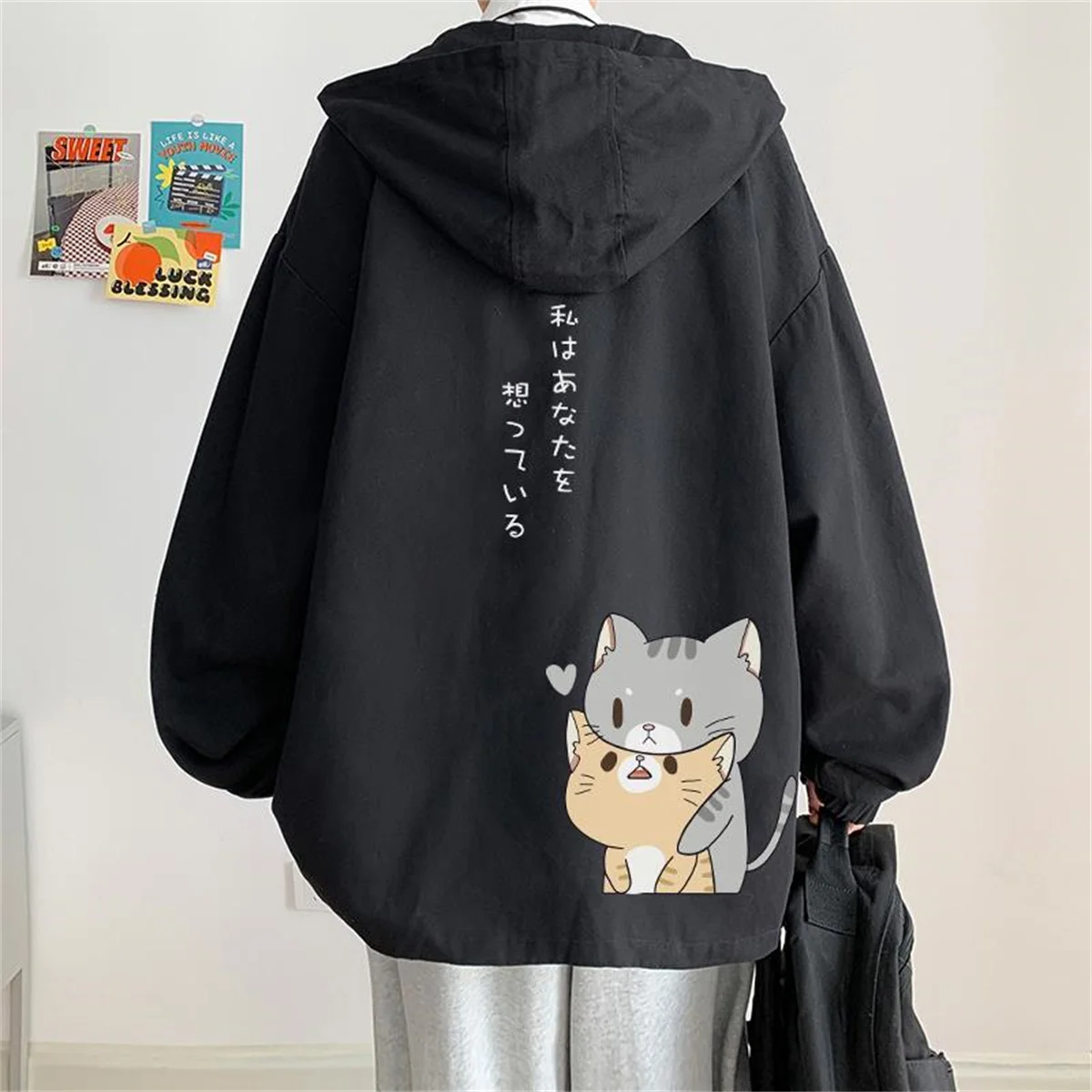 Cute Cat Print Jacket Boys Long Sleeve Loose Ins Harajuku Clothing Tops Streetwear Gothic Black Anime Bomber Jacket Men