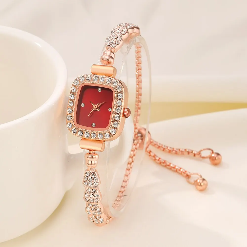 5PCS Set Luxury Square Watch Women Ring Necklace Earring Rhinestone Fashion Watch Casual Ladies Bracelet Watches Montre Femme