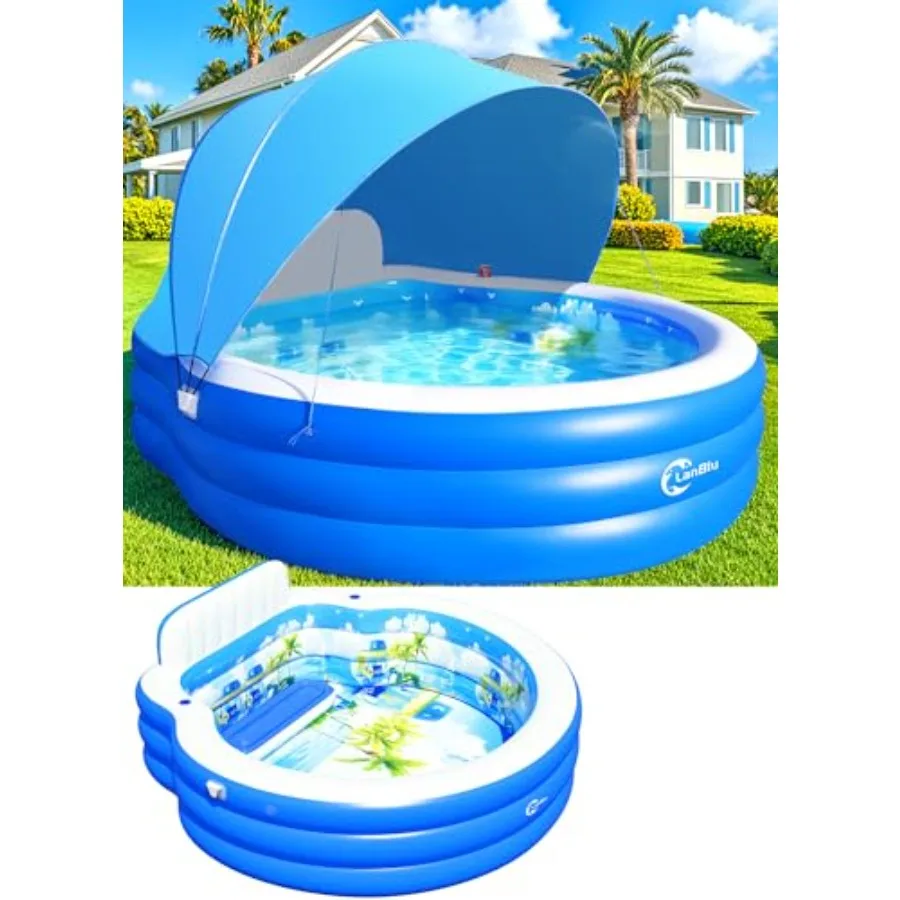 

2026 Upgraded Inflatable Pool with Canopy for Backyard Use PVC Material Cyan Includes Bench Backrest for Adult Relaxation