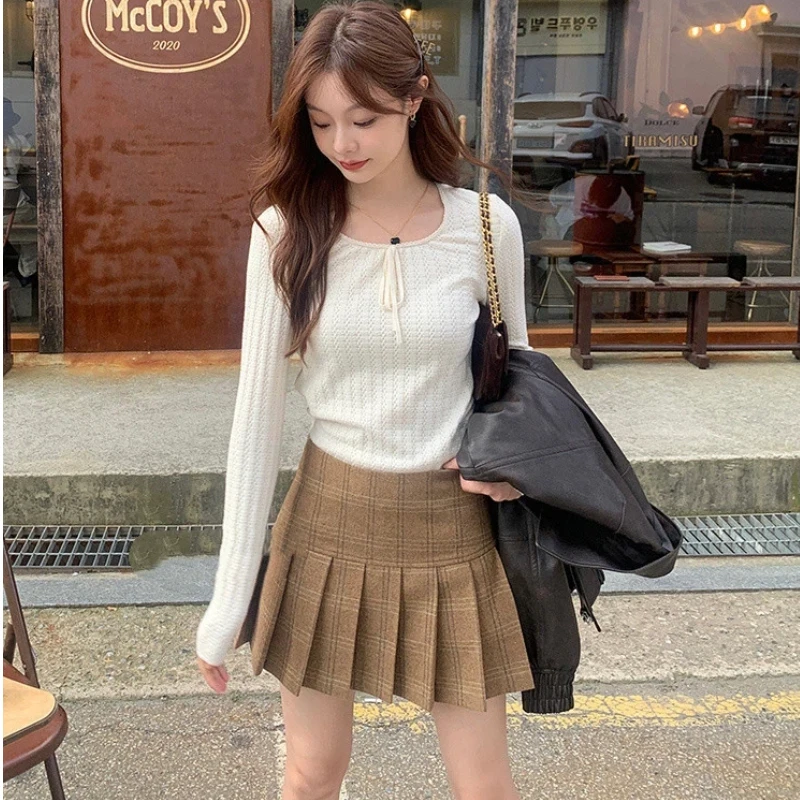 Haut en maille jacquard de style français pour femmes, avec détail nœud papillon, manches longues, élégant, doux, basique, à porter sous les vêtements