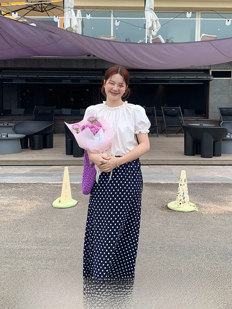 

Юбка-полусолнце с высокой талией в горошек, женская свободная юбка А-силуэта с эластичной талией, длинная юбка в корейском стиле, стандартный крой, летняя коллекция