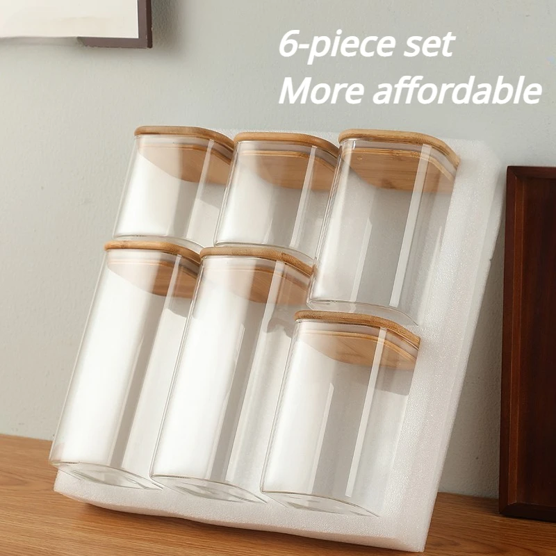 

Set of 6 Square Glass Jars with Bamboo Lids for Fruit and Nut Storage, High Borosilicate Transparent Storage Bottles