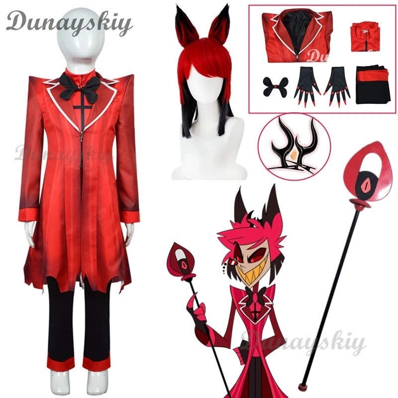 ALASTOR Cosplay Taglia per bambini Hazbbin Anime Costume Cosplay Parrucca Orecchie Accessori per hotel Uniforme di Halloween Uomo Donna Giacca Abito rosso