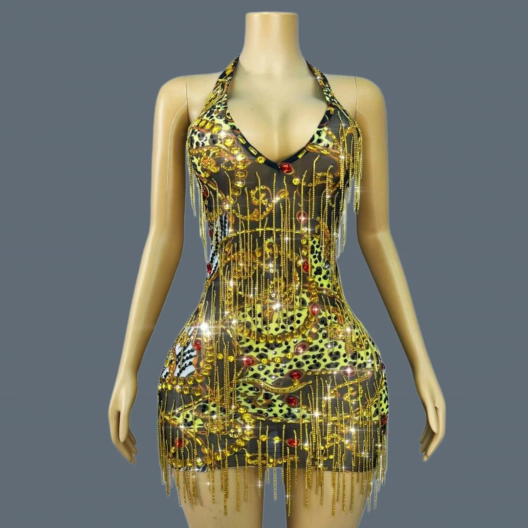 

Leopard Print Gold Crystals Tassel Mini Dress Sheer Mesh V-Neck Bodycon Outfit Women Party Drag Queen Show Stage Wear Dajinlian