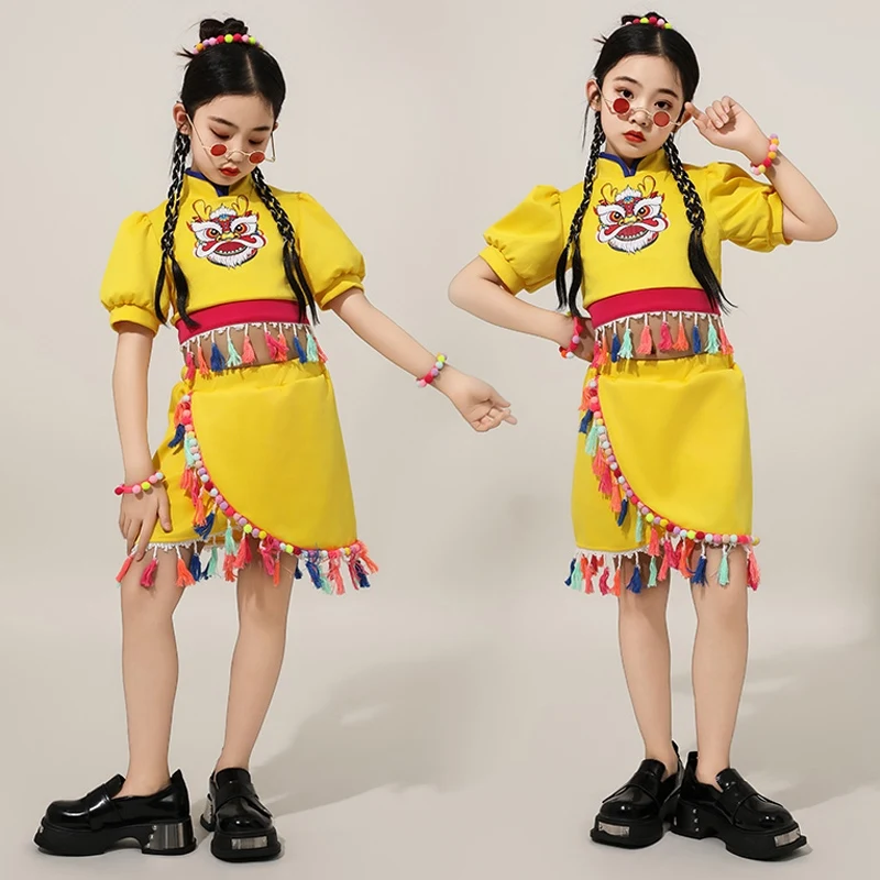 

2024 chinese style yellow loose suit girls jazz modern dance performance stage costumes kids hip hop dance rave clothes DQS16005